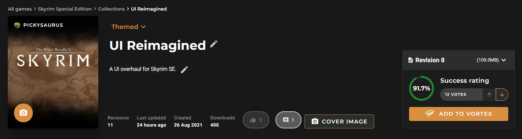 The collection header showing 400 downloads, 5 endorsements and 12 votes with a 91.7% success rating