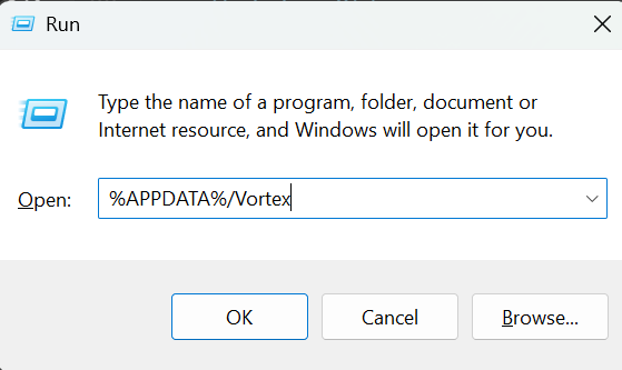 Entering the Vortex AppData path in Windows Run