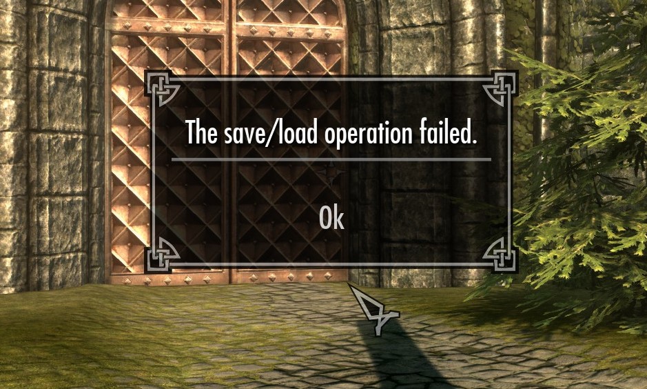An error popup seen while playing Skyrim with the text "The save/load operation failed".