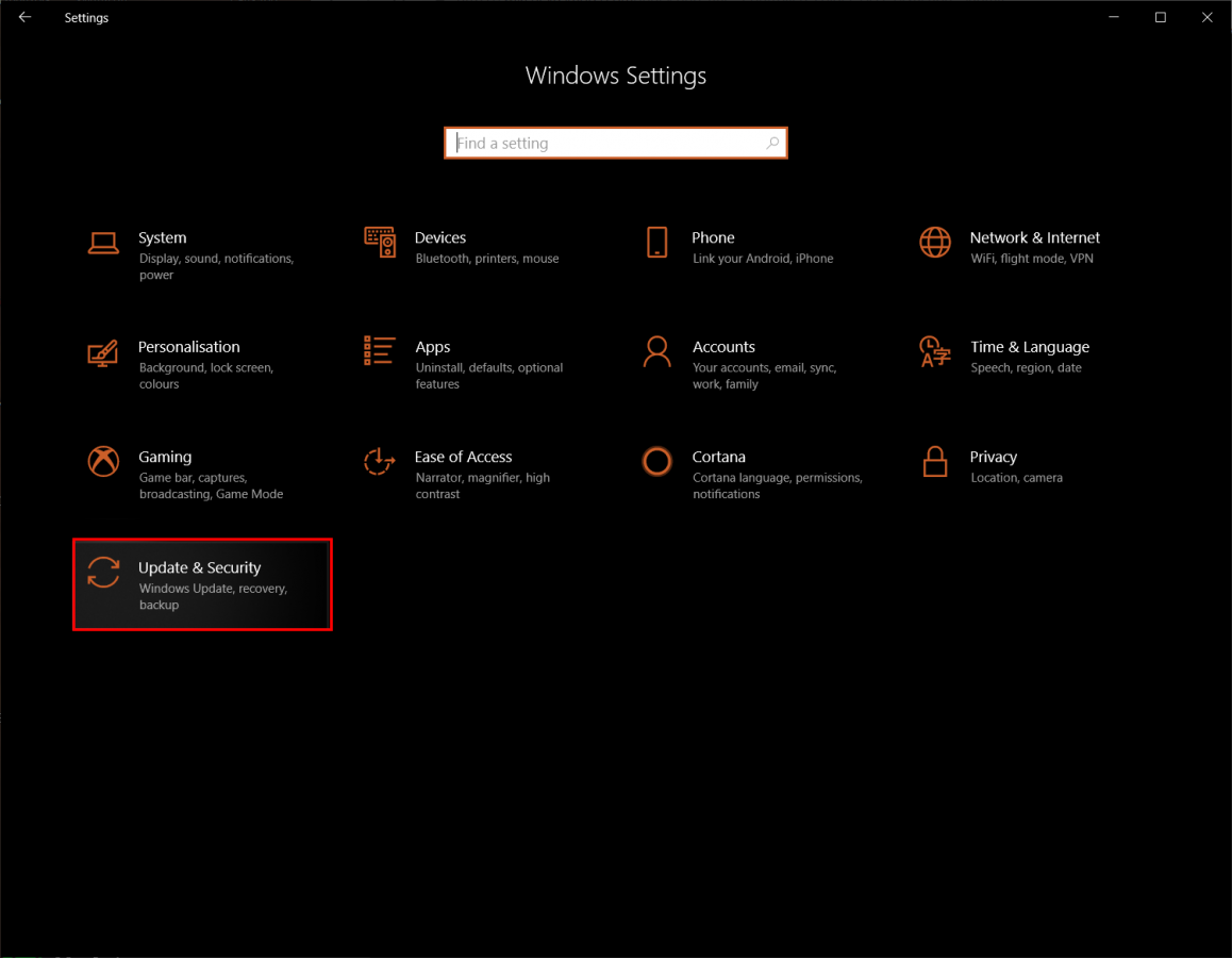 Windows 10 settings with "Update & Security" highlighted