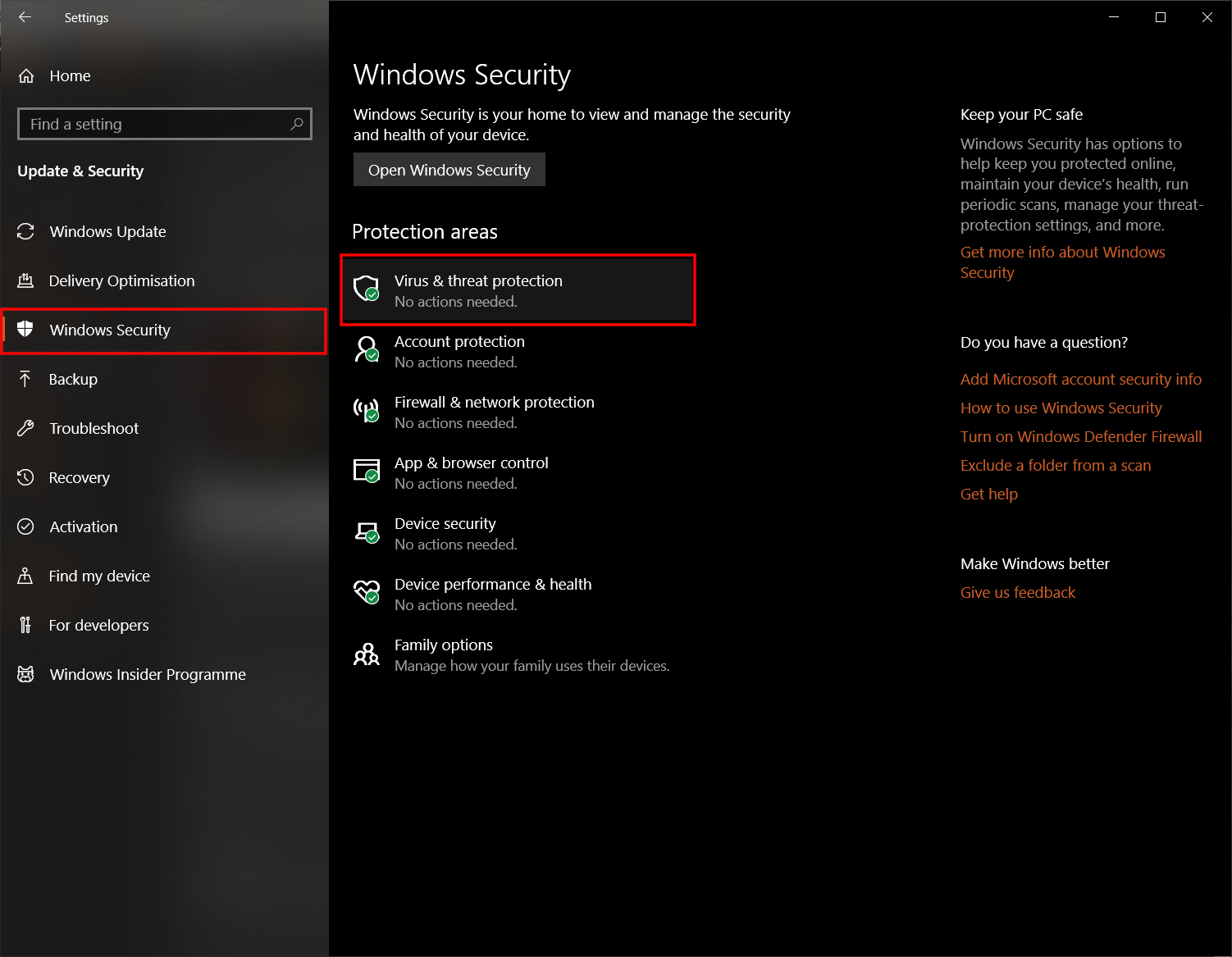 Windows 10 security settings with "Virus & thread protection" highlighted