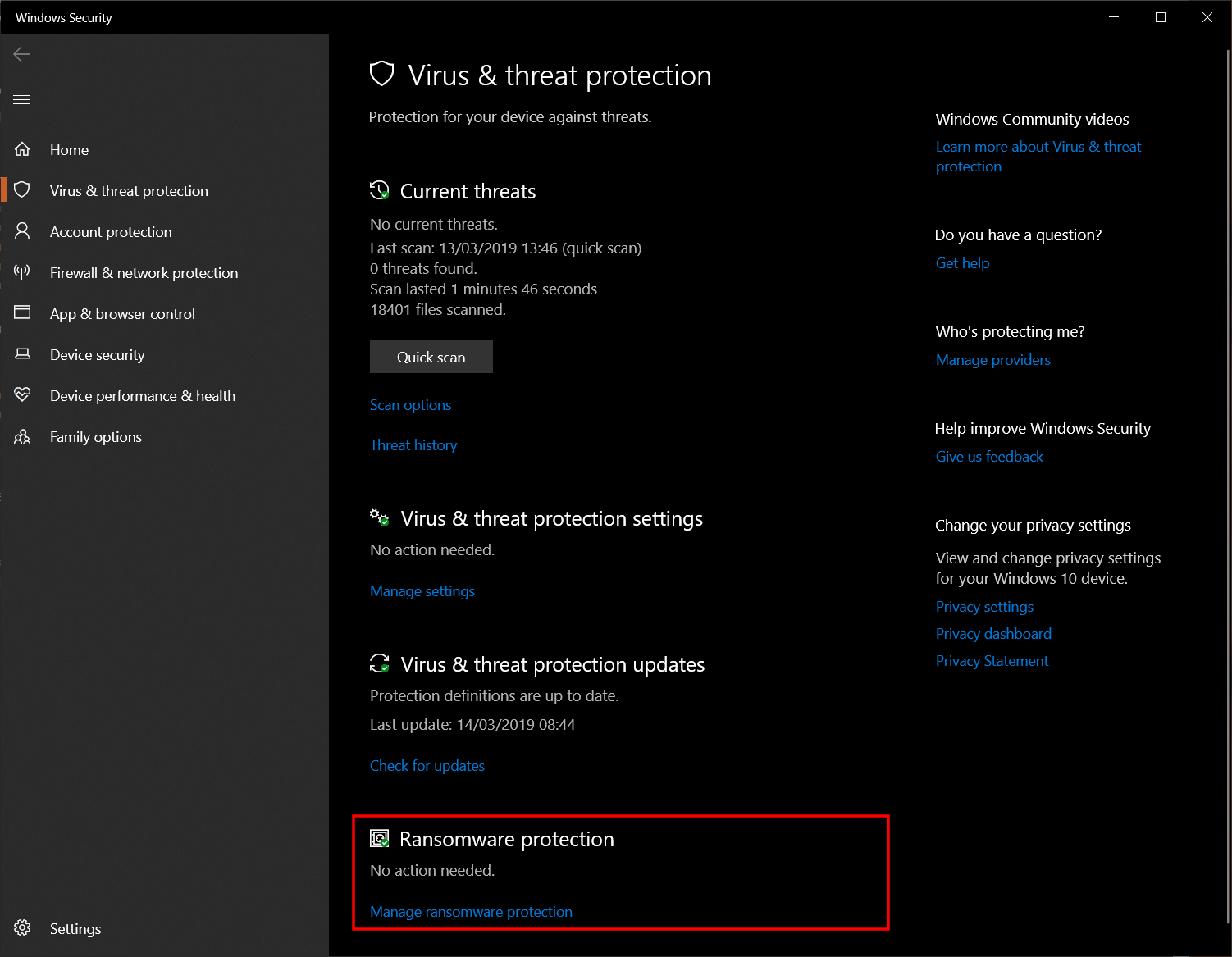 Windows 10 Virus & threat protection settings with "Ransomware protection" highlighted