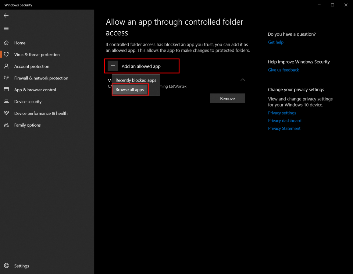 Windows Allow an app through controlled folder access settings with the "Add an allowed app" option highlighted