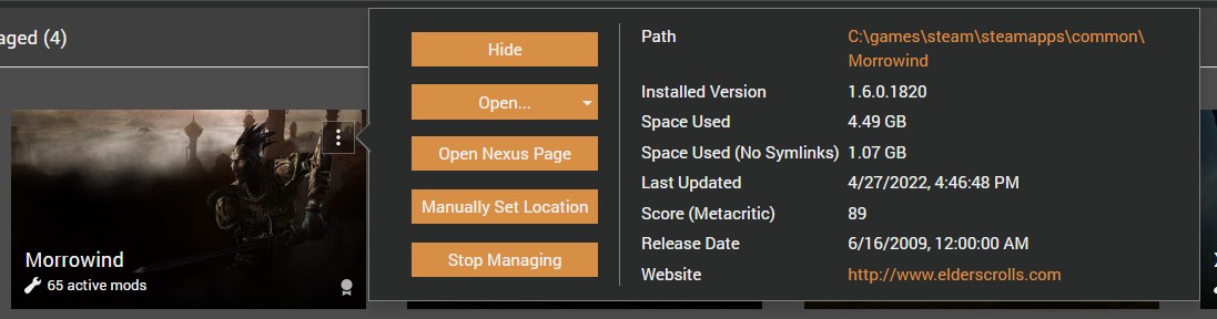 Morrowind game management menu open in Vortex