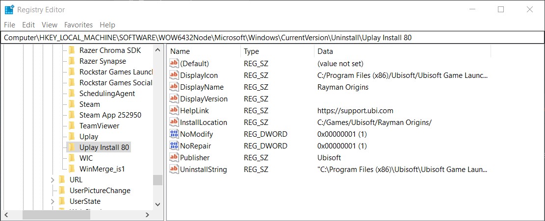 The registry key for the game display name shown in Registry Editor