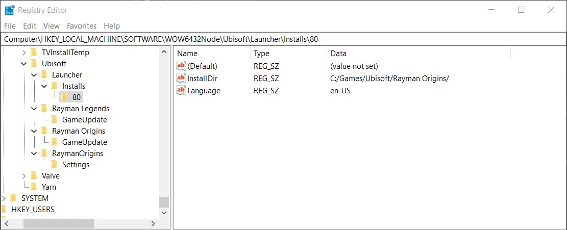 The registry key for the game install location shown in Registry Editor