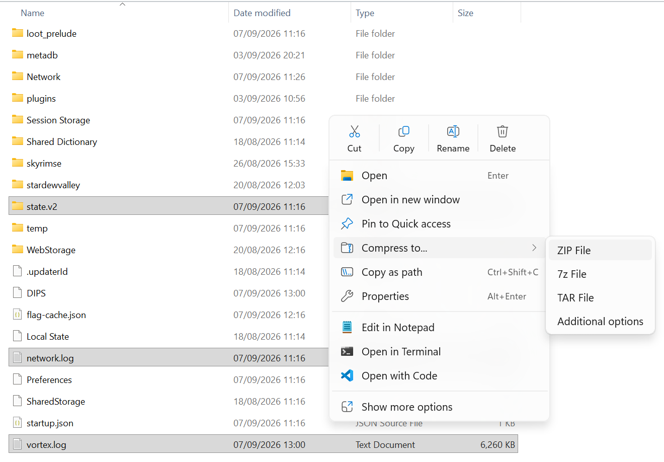 Compressing the selected Vortex files into a ZIP archive